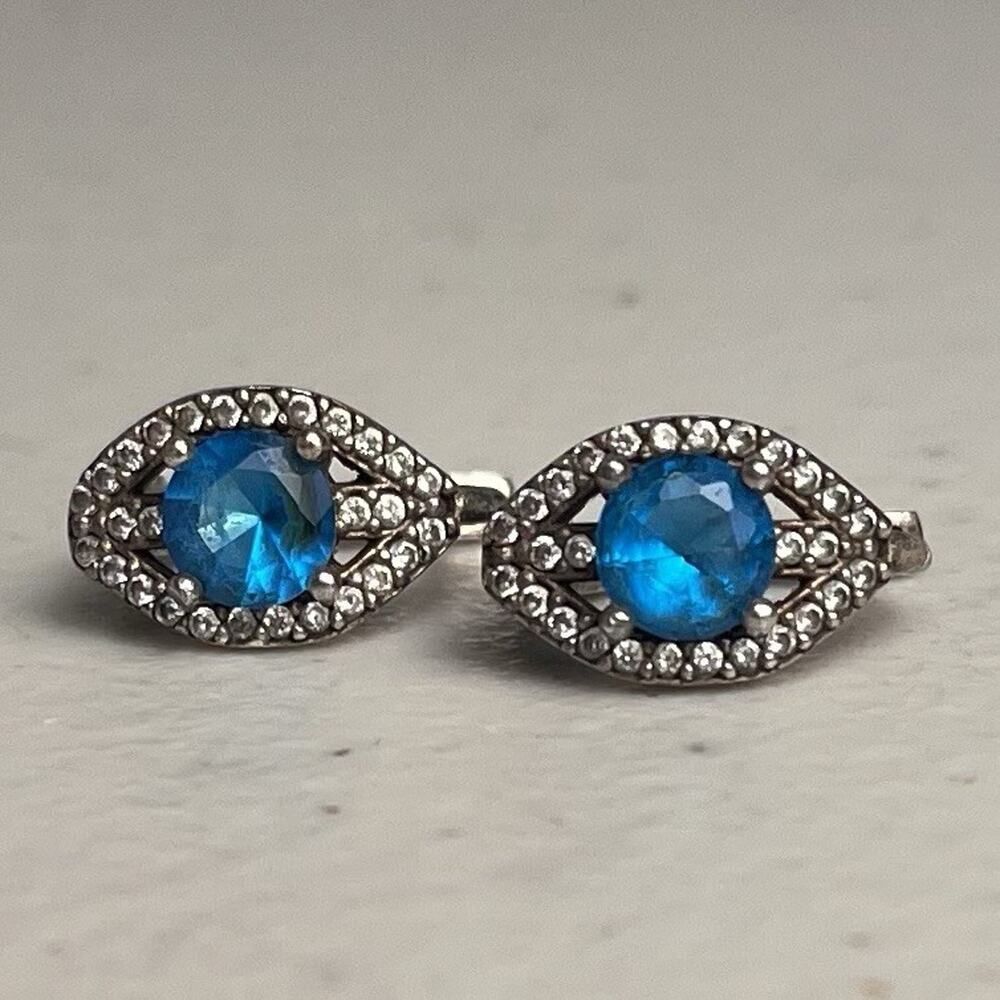Sterling Silver 925 Evil Eye Leverback Earrings Blue Stone Simulated Diamond